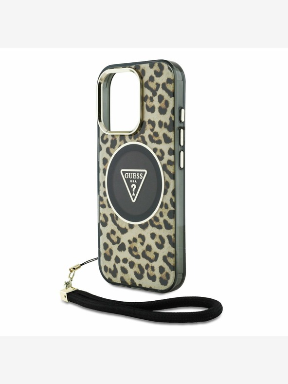 Guess Guess IML Leopard Triangle Logo Strap MagSafe заден капак за iPhone 16 Pro Max Brown