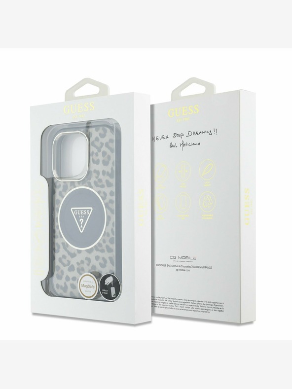 Guess Guess IML Leopard Triangle Logo Strap MagSafe заден капак за iPhone 16 Pro Max Brown