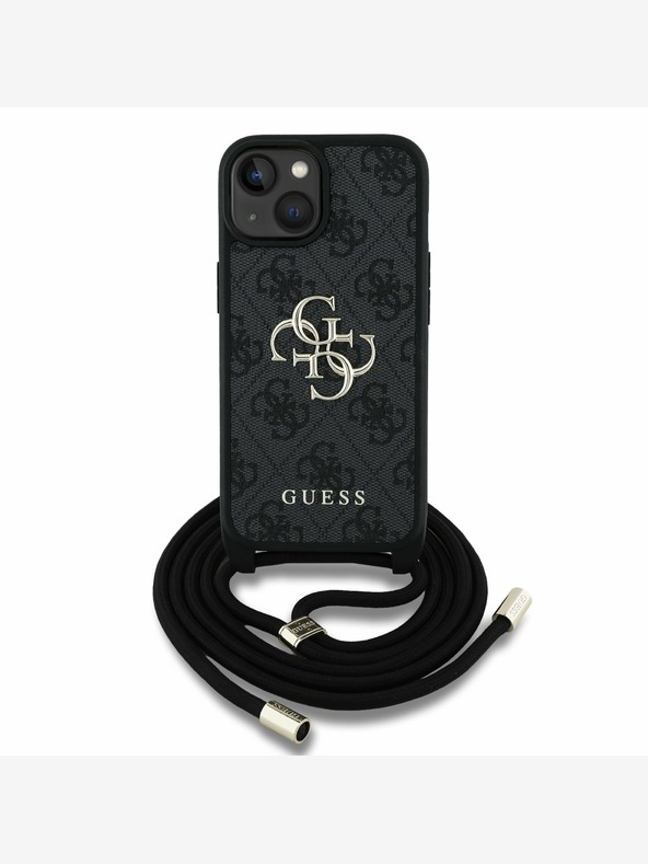 Guess Guess PU 4G Метално лого за кръст с каишка на гърба за iPhone 15 Black
