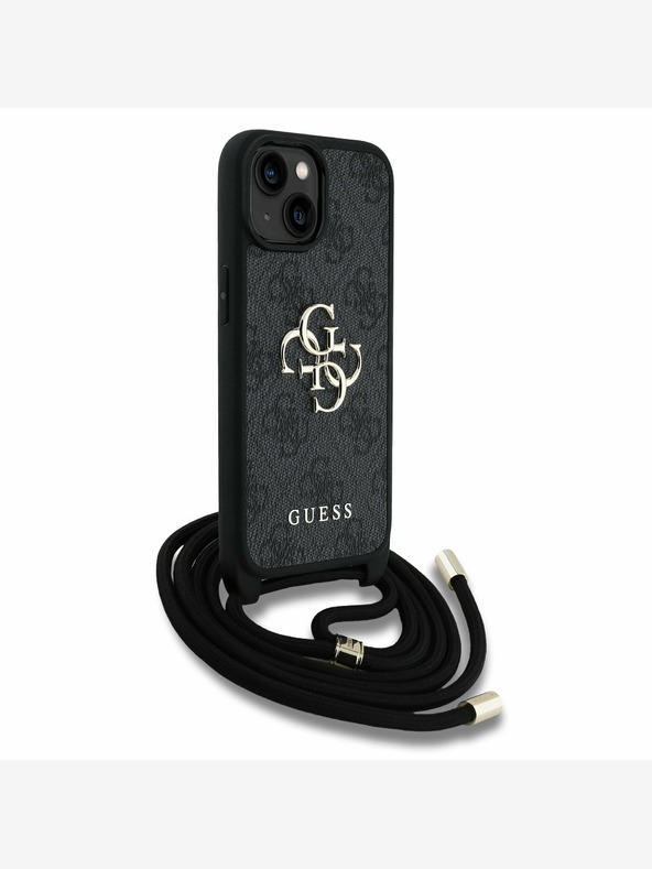 Guess Guess PU 4G Метално лого за кръст с каишка на гърба за iPhone 15 Black