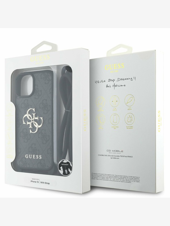 Guess Guess PU 4G Метално лого за кръст с каишка на гърба за iPhone 15 Black