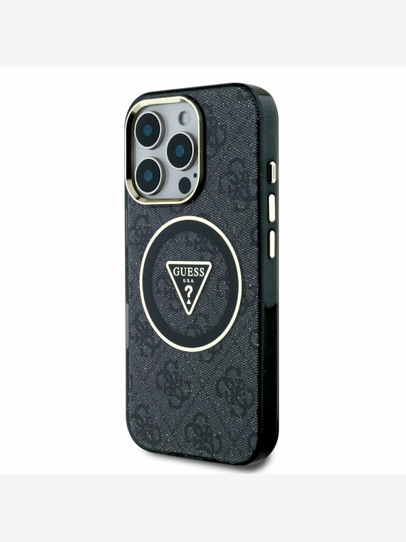 Guess Guess IML 4G Glitter и триъгълно лого MagSafe заден капак за iPhone 16 Pro Max Black