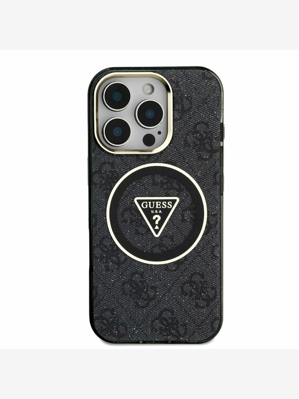 Guess Guess IML 4G Glitter и триъгълно лого MagSafe заден капак за iPhone 16 Pro Max Black