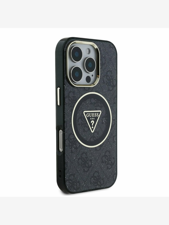 Guess Guess IML 4G Glitter и триъгълно лого MagSafe заден капак за iPhone 16 Pro Max Black