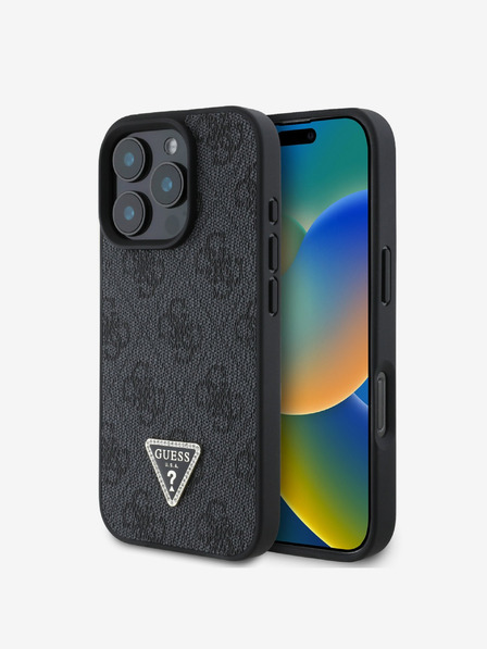 Guess Guess PU 4G метално лого с триъгълник от страз за iPhone 16 Pro Max черен