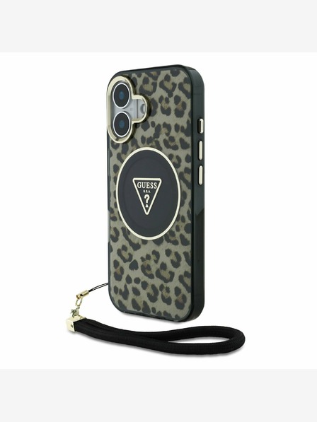 Guess Guess IML Каишка с триъгълно лого Leopard MagSafe за iPhone 16 Brown