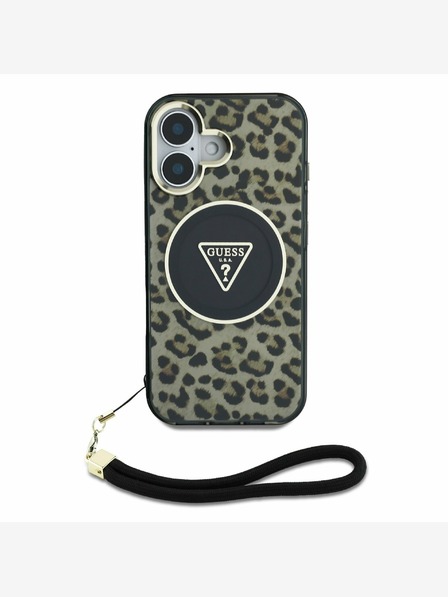 Guess Guess IML Каишка с триъгълно лого Leopard MagSafe за iPhone 16 Brown