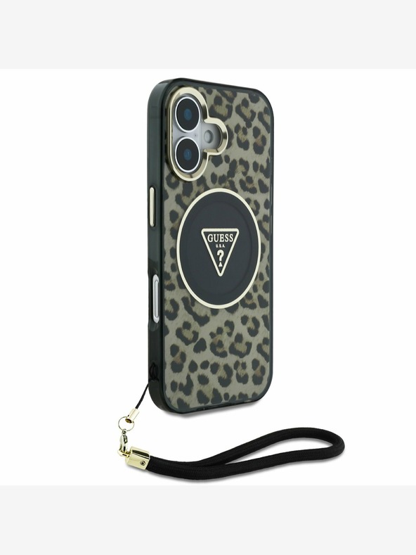 Guess Guess IML Каишка с триъгълно лого Leopard MagSafe за iPhone 16 Brown