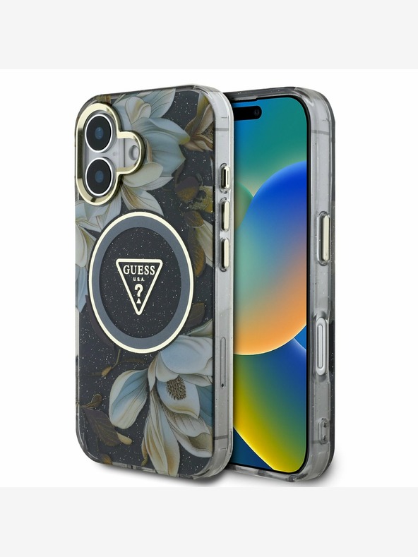 Guess Guess IML Glitter Magnolia and Triangle Logo MagSafe заден капак за iPhone 16 черен