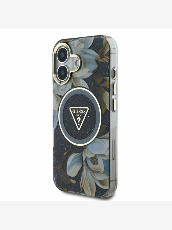 Guess Guess IML Glitter Magnolia and Triangle Logo MagSafe заден капак за iPhone 16 черен