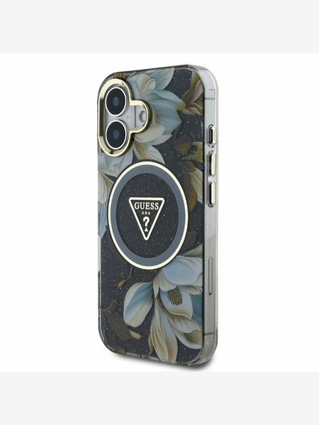 Guess Guess IML Glitter Magnolia and Triangle Logo MagSafe заден капак за iPhone 16 черен