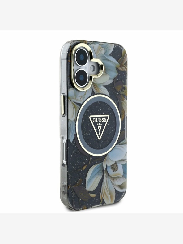 Guess Guess IML Glitter Magnolia and Triangle Logo MagSafe заден капак за iPhone 16 черен
