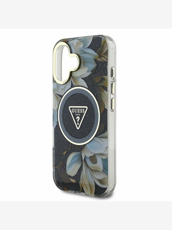 Guess Guess IML Glitter Magnolia and Triangle Logo MagSafe заден капак за iPhone 16 черен