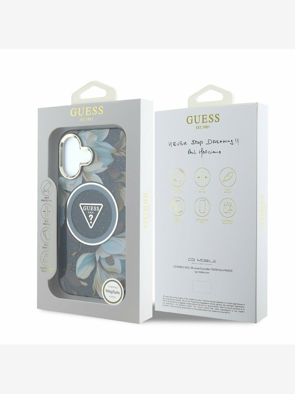 Guess Guess IML Glitter Magnolia and Triangle Logo MagSafe заден капак за iPhone 16 черен