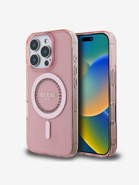 Guess Guess IML пръстен с кристали MagSafe заден капак за iPhone 16 Pro розов