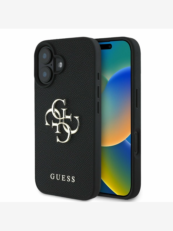 Guess Guess PU зърнест 4G метален заден капак с лого за iPhone 16 черен