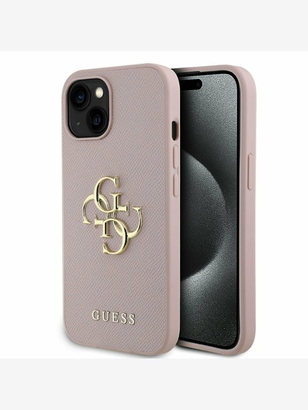 Guess Guess PU Grained 4G Метално лого заден капак за iPhone 15 Pink