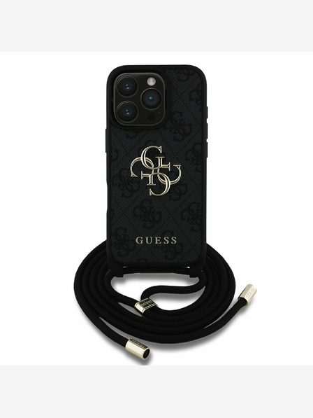 Guess Guess PU 4G Метално лого за кръст с каишка за iPhone 16 Pro Max Black