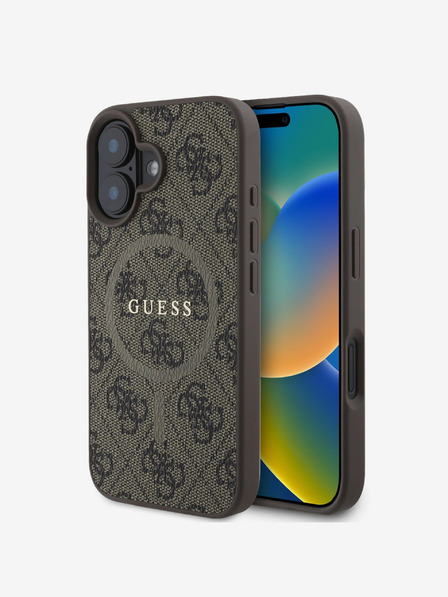 Guess Guess PU кожа 4G цветен пръстен MagSafe заден капак за iPhone 16 Plus кафяв
