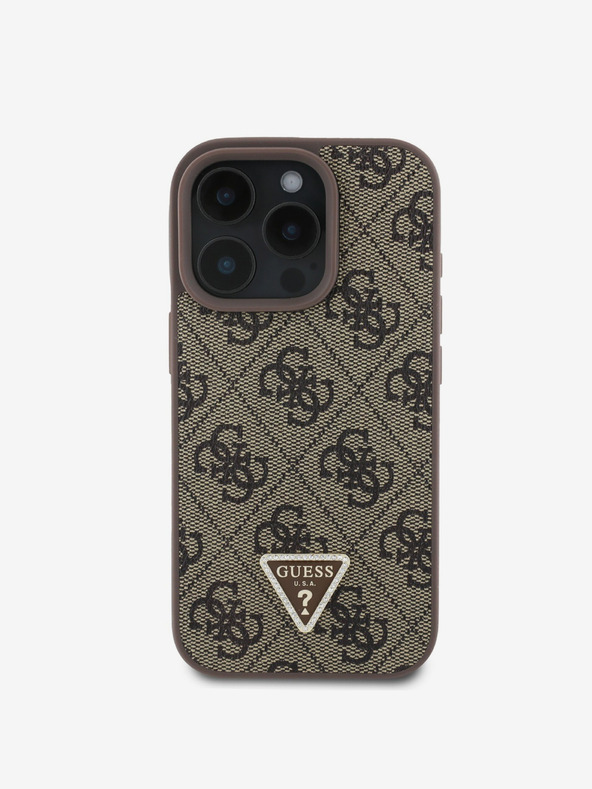Guess Guess PU 4G метален триъгълник с лого Strass заден капак за iPhone 16 Pro Max Brown