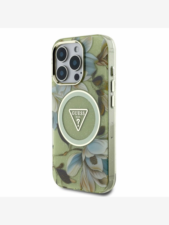Guess Guess IML Glitter Magnolia and Triangle Logo MagSafe заден капак за iPhone 16 Pro Max Green
