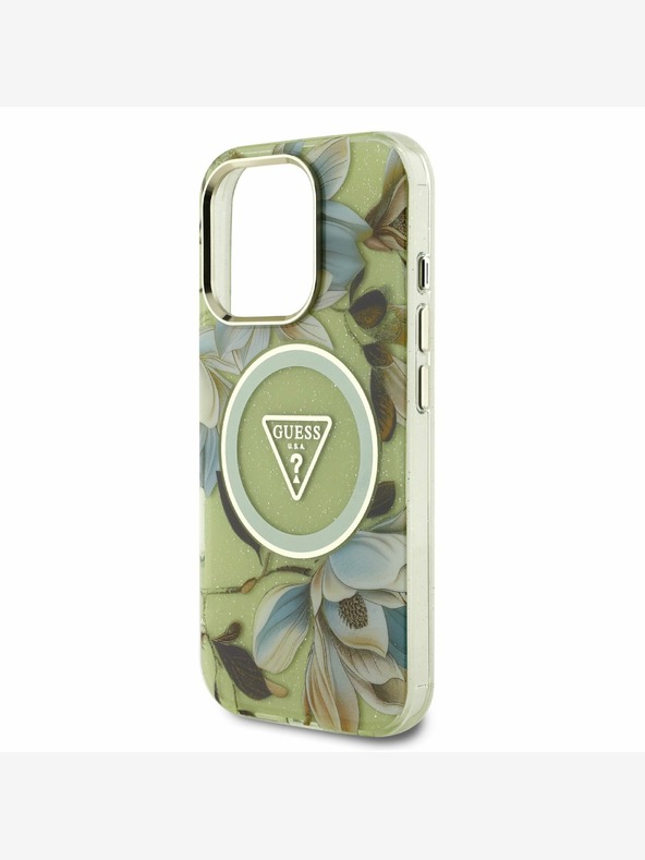 Guess Guess IML Glitter Magnolia and Triangle Logo MagSafe заден капак за iPhone 16 Pro Max Green