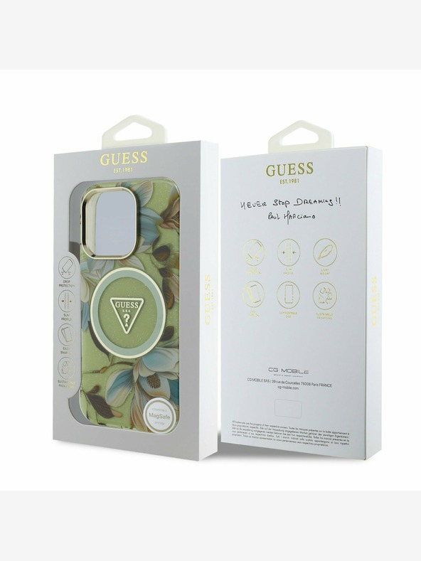 Guess Guess IML Glitter Magnolia and Triangle Logo MagSafe заден капак за iPhone 16 Pro Max Green