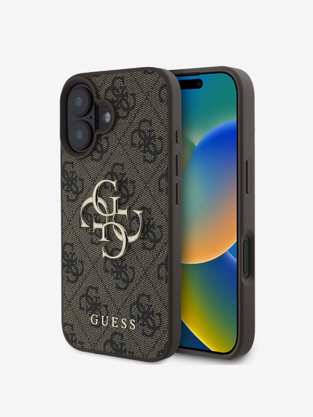 Guess Guess PU 4G метално лого заден капак за iPhone 16 кафяв
