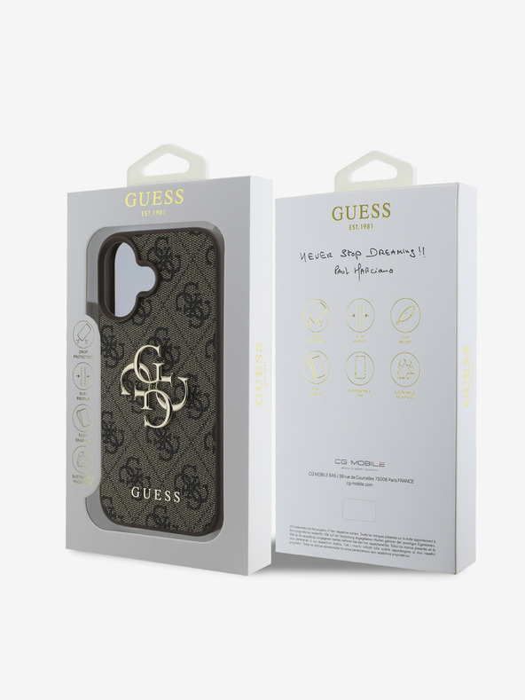 Guess Guess PU 4G метално лого заден капак за iPhone 16 кафяв