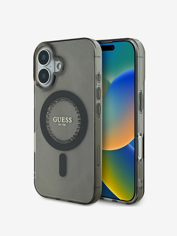 Guess Guess IML пръстен с кристали MagSafe заден капак за iPhone 16 черен