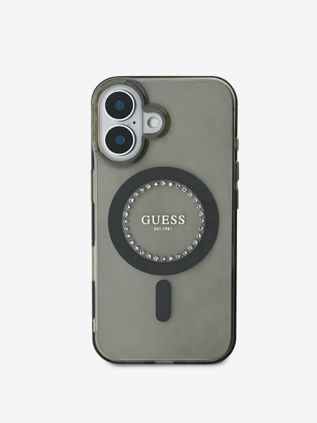 Guess Guess IML пръстен с кристали MagSafe заден капак за iPhone 16 черен