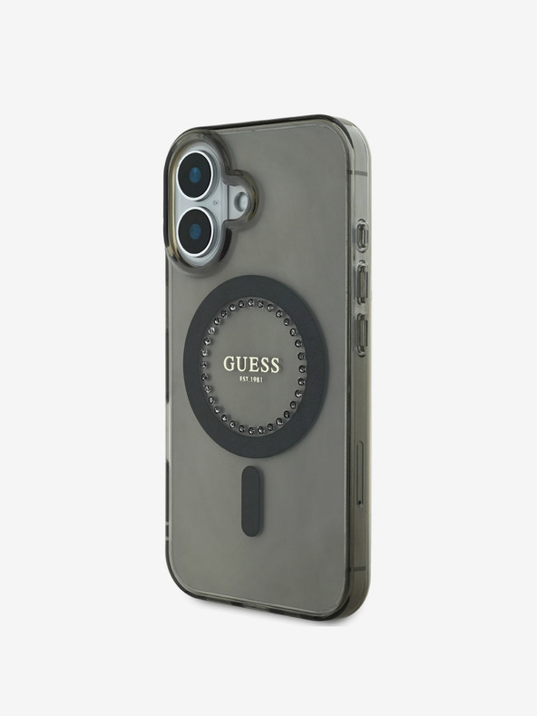 Guess Guess IML пръстен с кристали MagSafe заден капак за iPhone 16 черен