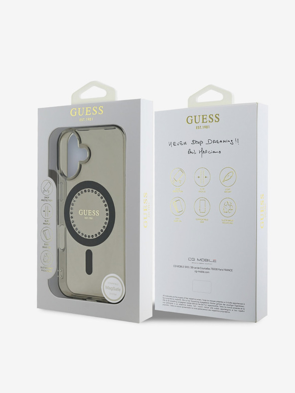 Guess Guess IML пръстен с кристали MagSafe заден капак за iPhone 16 черен