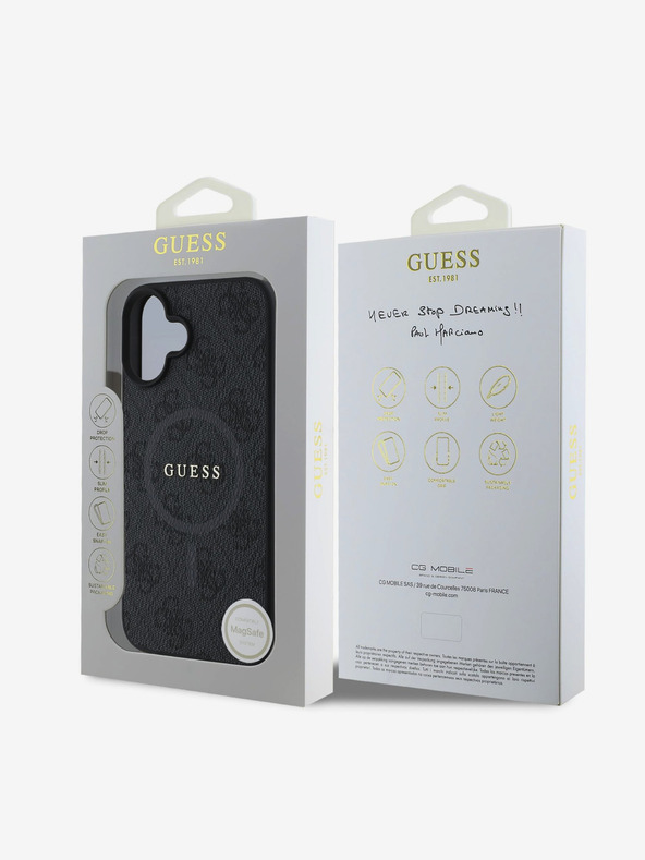 Guess Guess PU кожа 4G Цветен пръстен MagSafe заден капак за iPhone 16 черен