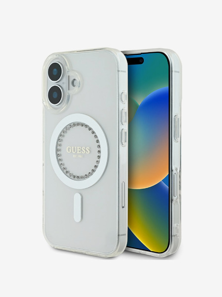 Guess Guess IML Пръстен с кристали MagSafe заден капак за iPhone 16 White