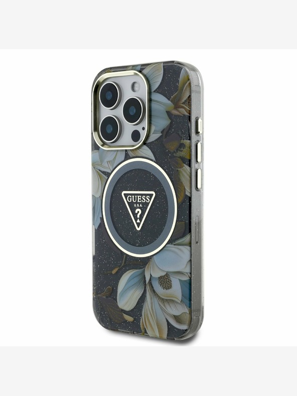 Guess Guess IML блестящ Magnolia и триъгълно лого MagSafe заден капак за iPhone 16 Pro Max черен