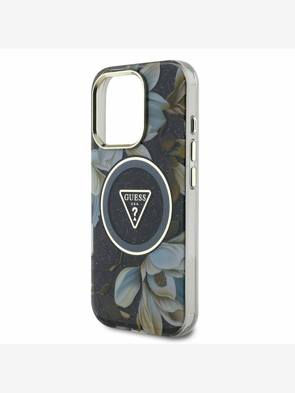 Guess Guess IML блестящ Magnolia и триъгълно лого MagSafe заден капак за iPhone 16 Pro Max черен