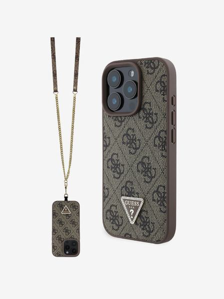 Guess PU 4G Strass Triangle Metal Logo Zadní Kryt + Crossbody Popruh pro iPhone 16 Pro Max Brown Калъф за телефон