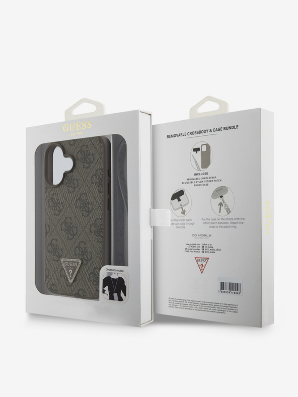 Guess Guess PU 4G метален триъгълник с лого Guess PU 4G Strass Back Cover + каишка за iPhone 16 Brown