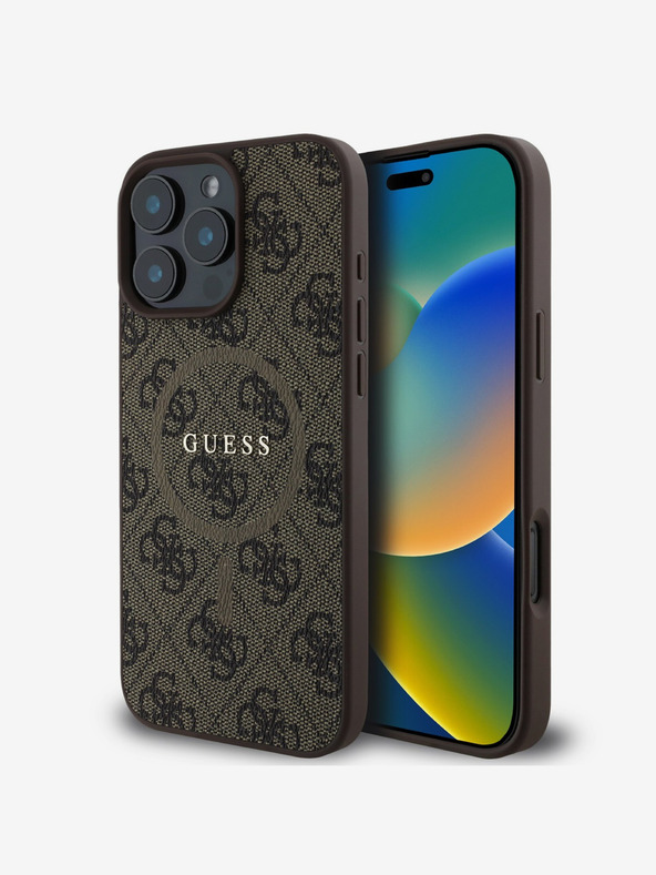 Guess Guess PU кожа 4G Цветна халка MagSafe заден капак за iPhone 16 Pro Кафяв
