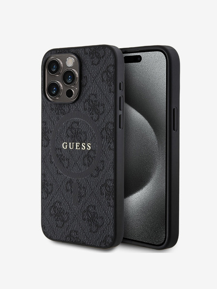 Guess Guess PU кожа 4G Цветен пръстен MagSafe заден капак за iPhone 15 Pro Max черен