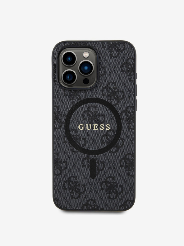 Guess Guess PU кожа 4G Цветен пръстен MagSafe заден капак за iPhone 15 Pro Max черен