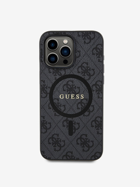 Guess Guess PU кожа 4G Цветен пръстен MagSafe заден капак за iPhone 15 Pro Max черен