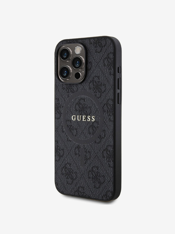 Guess Guess PU кожа 4G Цветен пръстен MagSafe заден капак за iPhone 15 Pro Max черен