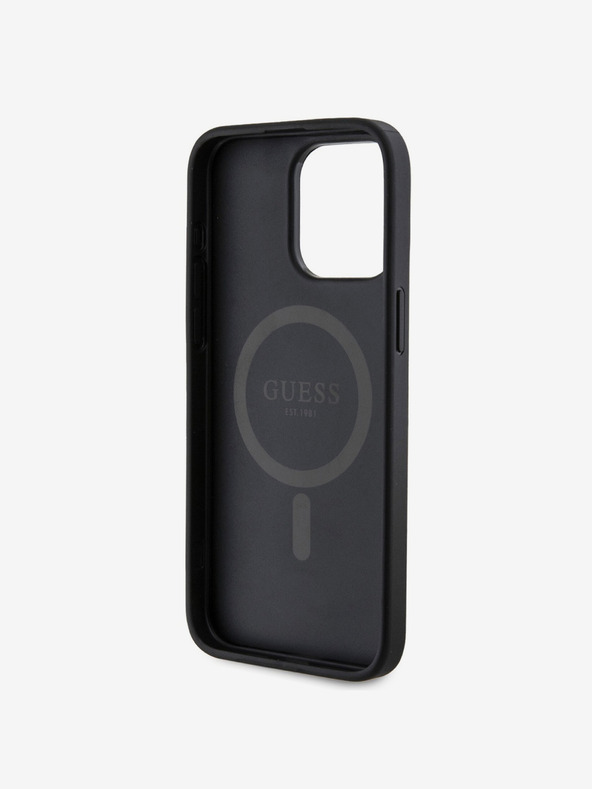Guess Guess PU кожа 4G Цветен пръстен MagSafe заден капак за iPhone 15 Pro Max черен