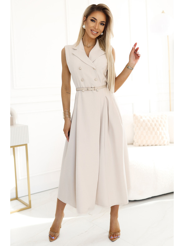 numoco Елегантна миди рокля със златни копчета и колан - бежова Numoco