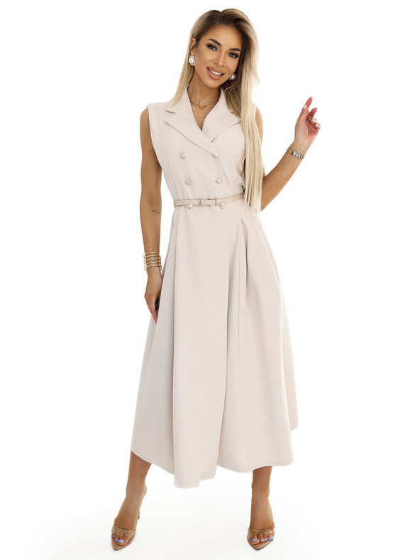 numoco Елегантна миди рокля със златни копчета и колан - бежова Numoco