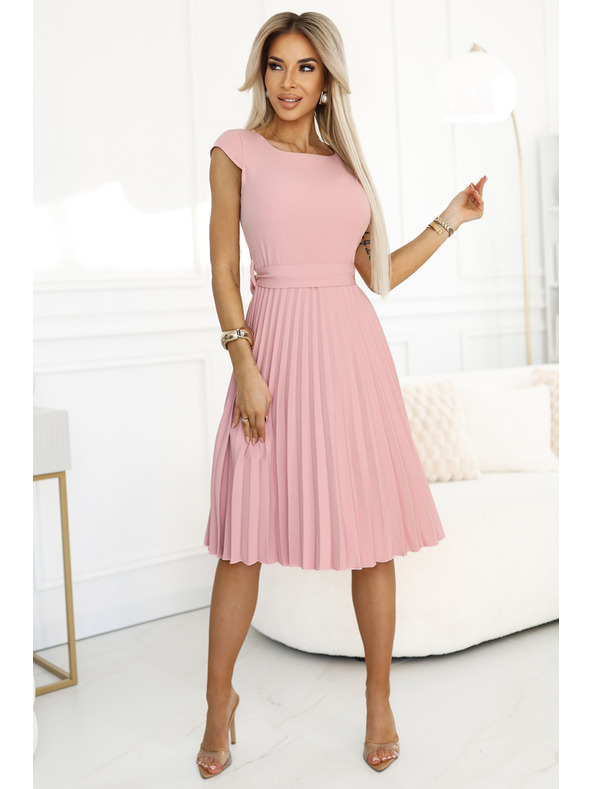 numoco Класическа рокля с колан и къс ръкав - прахово розово