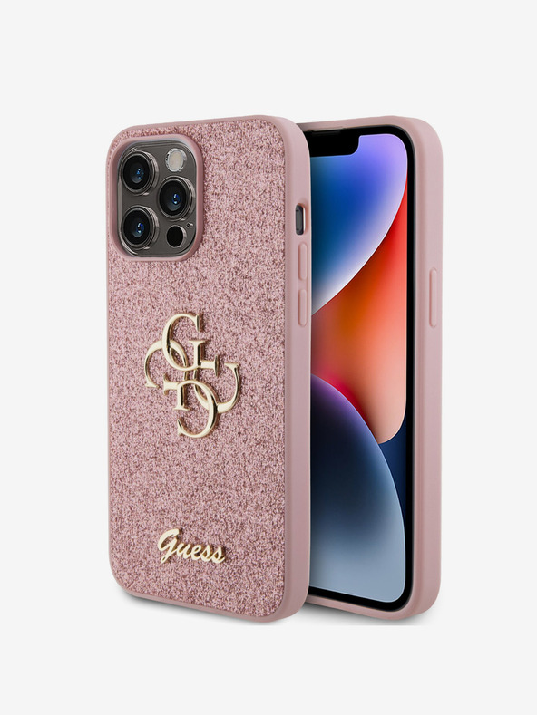 Guess Guess PU Фиксиран метален капак с брокат 4G за iPhone 15 Pro Max Розов