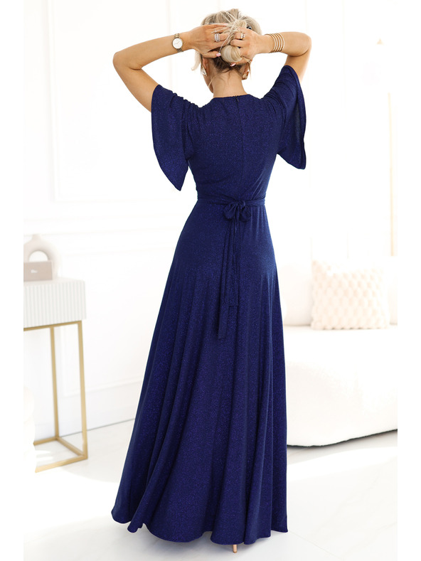 numoco Блестяща рокля с дълъг ръкав и деколте - тъмно синя с брокат Numoco